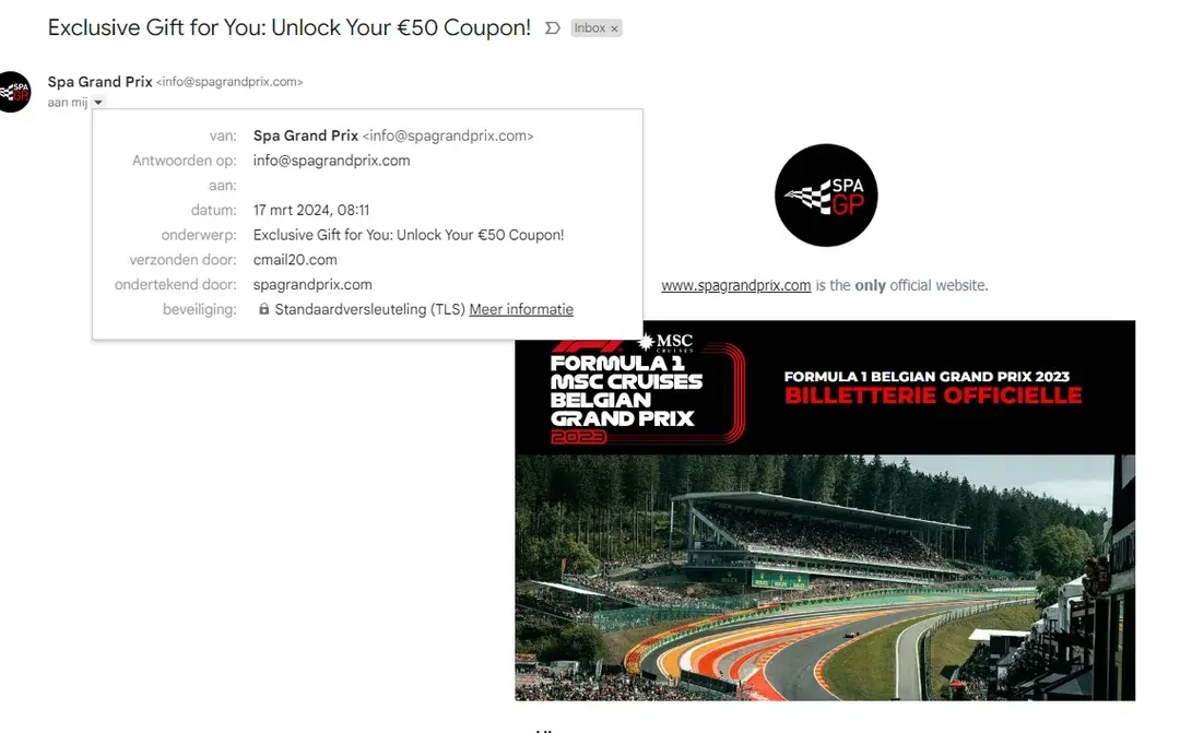 Beware of Phishing Scam Alert from Spa Belgium Formula 1 Grand Prix Ticket Seller